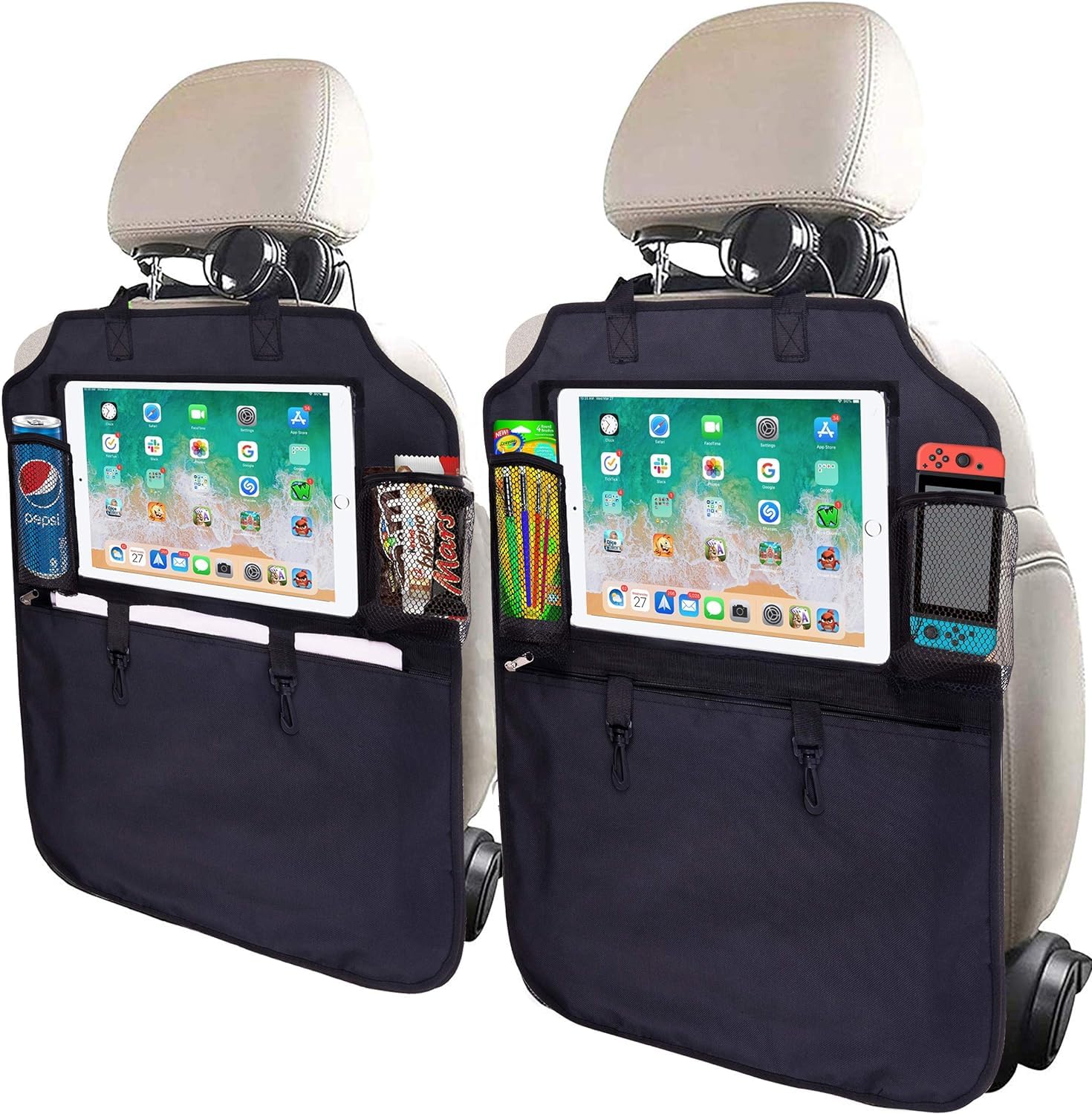 SRAMI Kick Mats Seat Back Protector Car Seat Organizer Back of Seat Protector 2 Pack XL with 1 Tissue Box Clear 12.9" Ipad Holder 3 Large Car Organizers and Storage