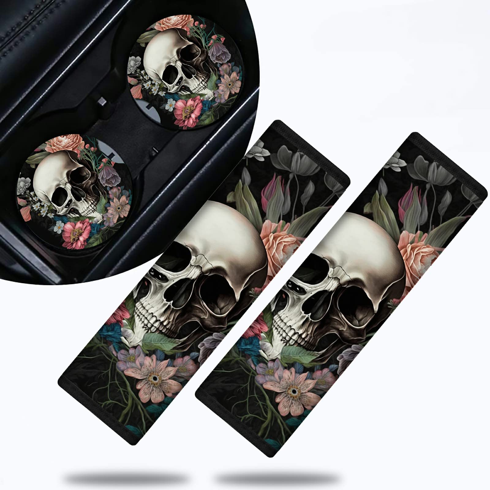 Dikoer Car Seat Strap Pads for Kids and Car Cup Holder Coaster x 2 Pack Set Soft Comfort Seat Belt Cushion for Children Car Interior Accessories Seat Belt for Adults Skull Flower