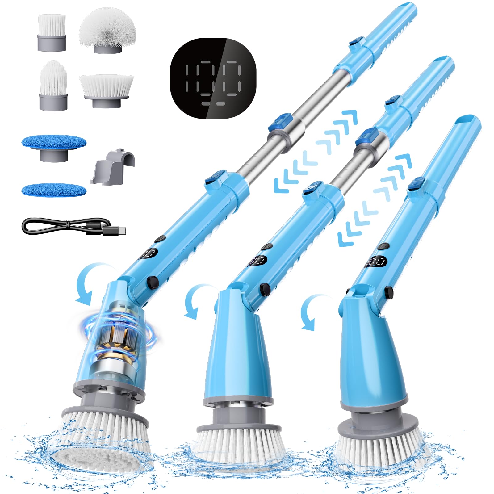 Electric Spin Scrubber Cordless Cleaning Brush with 440RPM/90Mins Runtime 3 Adjustable Angles&Sizes 6 Replaceable Brush Heads 2 Speeds for Bathtub Bathroom Glass Car Cleaning Shower Blue