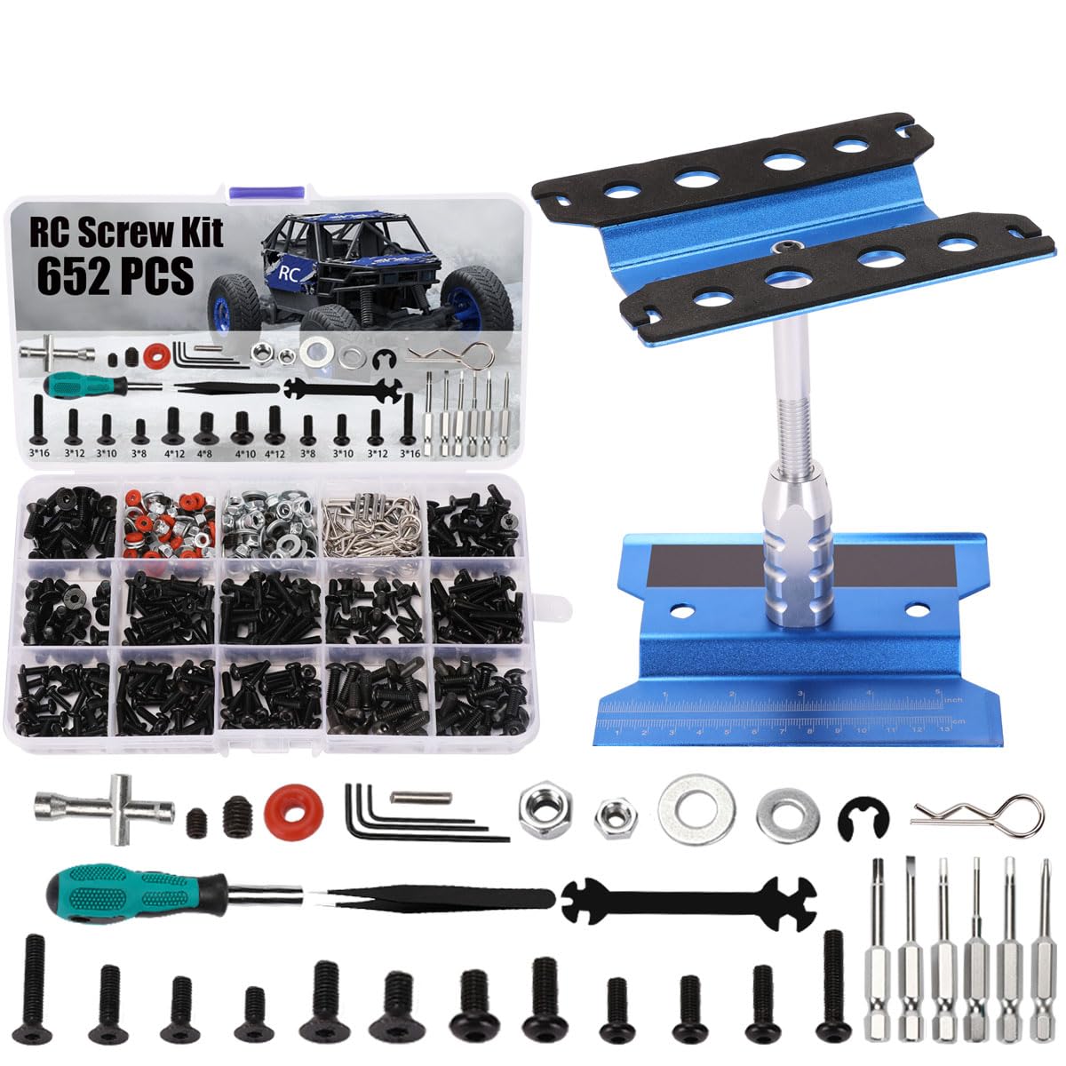 RC Car Stand and 652 PCS RC Screw Kit RC Car Work Stand Repair Workstation RC Hardware Kit Universal RC Car Screw Tools Assortment Kit and Portable RC Repair Stand for 1/8 1/10 1/12 1/16 Scale RC Car
