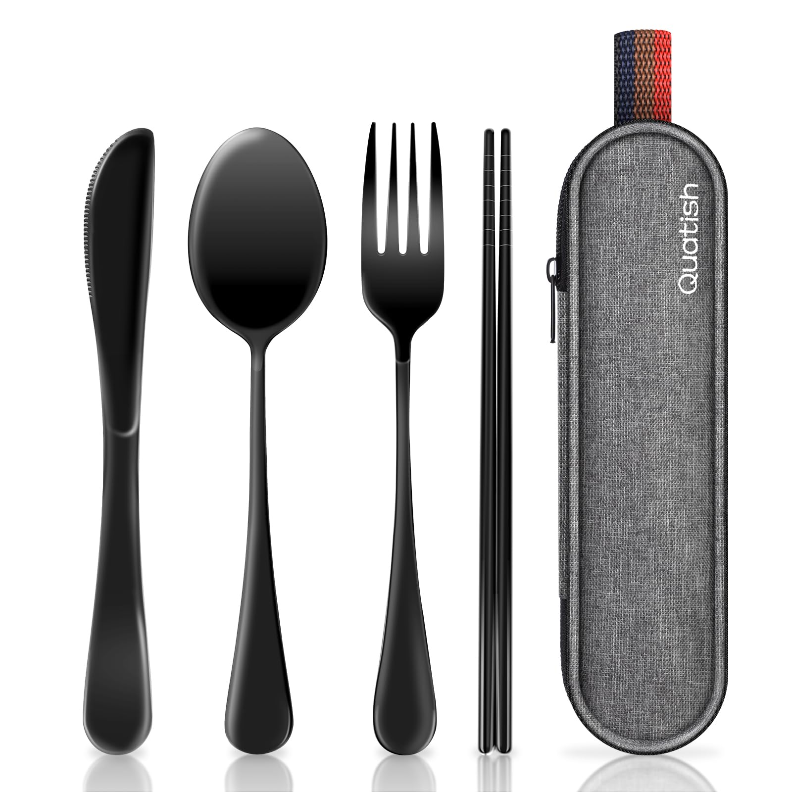 Travel Utensils with Case Quatish Portable Silverware Set for Work Stainless Steel Reusable Travel Cutlery Set Fork and Spoon Set for Camping Picnic Gadgets Lunch Box for Men Black